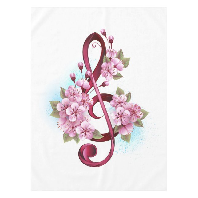 Musical treble clef notes with Sakura flowers Tablecloth (Front)