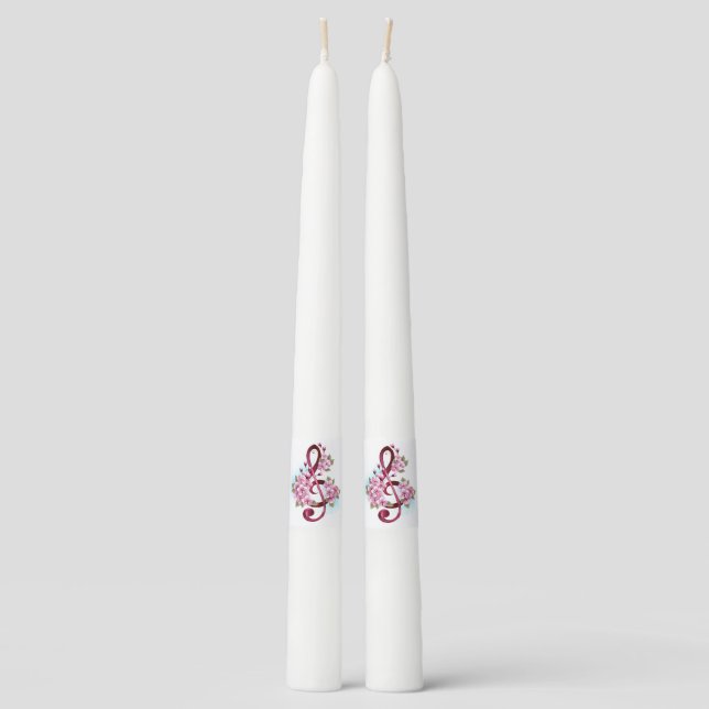 Musical treble clef notes with Sakura flowers Taper Candle (Front)