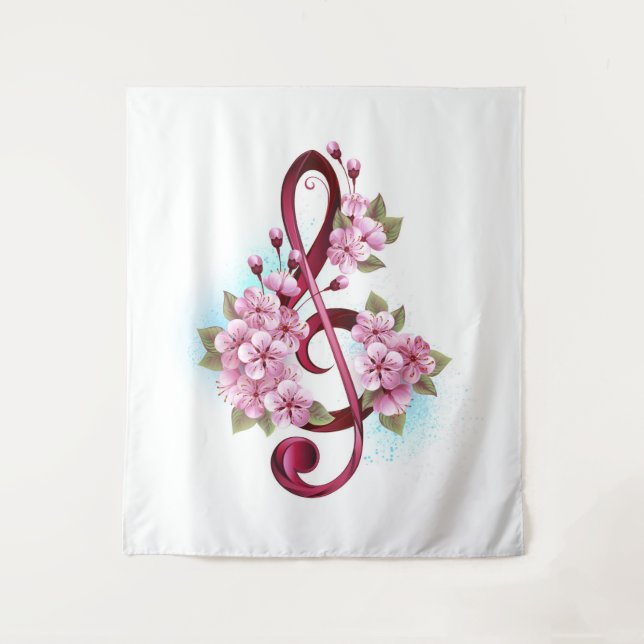 Musical treble clef notes with Sakura flowers Tapestry (Front)