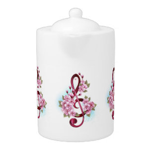 Musical treble clef notes with Sakura flowers Teapot