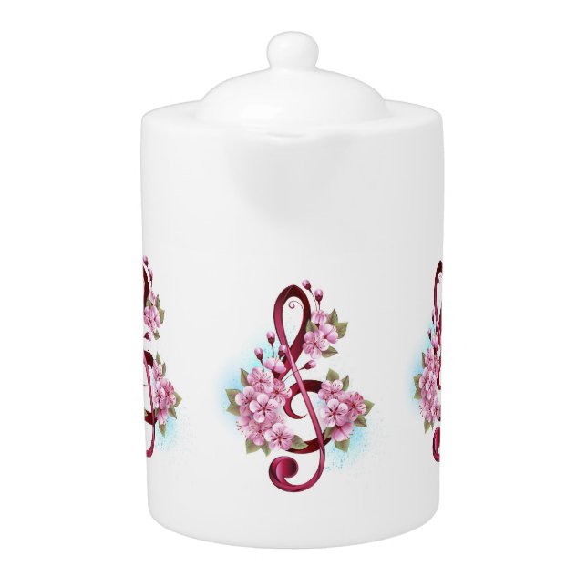 Musical treble clef notes with Sakura flowers Teapot (Front)