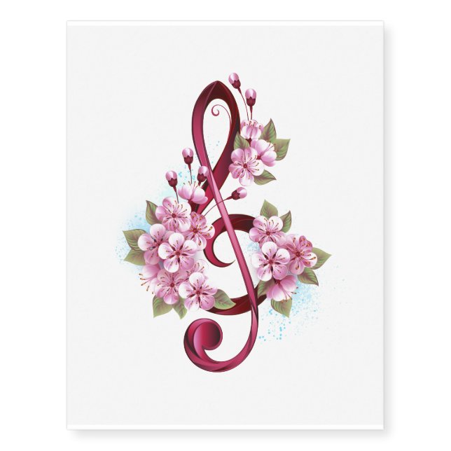 Musical treble clef notes with Sakura flowers Temporary Tattoos (Front)