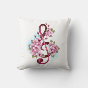 Musical treble clef notes with Sakura flowers Throw Pillow