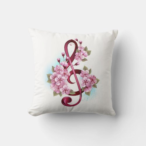 Musical treble clef notes with Sakura flowers Throw Pillow