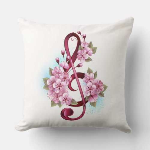 Musical treble clef notes with Sakura flowers Throw Pillow