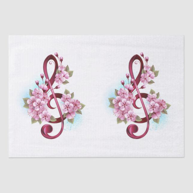 Musical treble clef notes with Sakura flowers Tissue Paper (Front)
