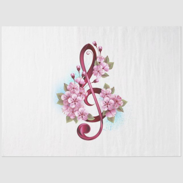 Musical treble clef notes with Sakura flowers Tissue Paper (Front)