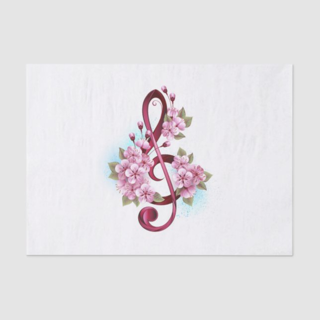Musical treble clef notes with Sakura flowers Tissue Paper (Front)