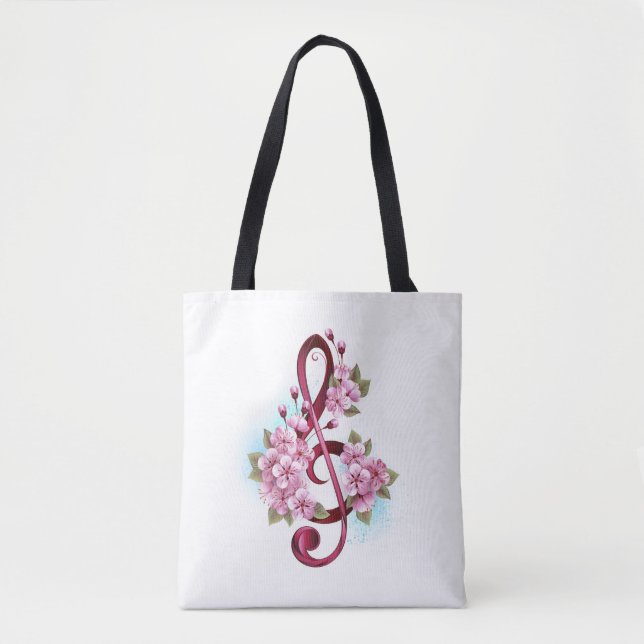 Musical treble clef notes with Sakura flowers Tote Bag (Front)