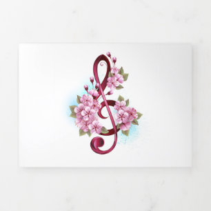 Musical treble clef notes with Sakura flowers Tri-Fold Announcement