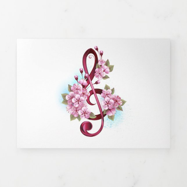 Musical treble clef notes with Sakura flowers Tri-Fold Invitation (Cover)