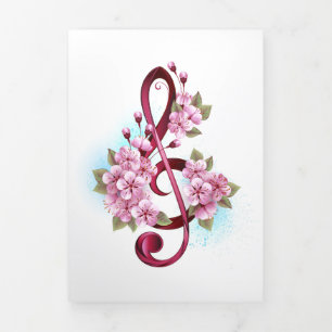 Musical treble clef notes with Sakura flowers Tri-Fold Invitation