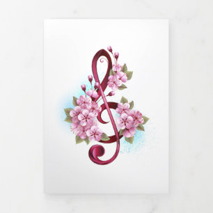 Musical treble clef notes with Sakura flowers Tri-Fold Program