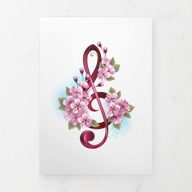 Musical treble clef notes with Sakura flowers Tri-Fold Program (Cover)