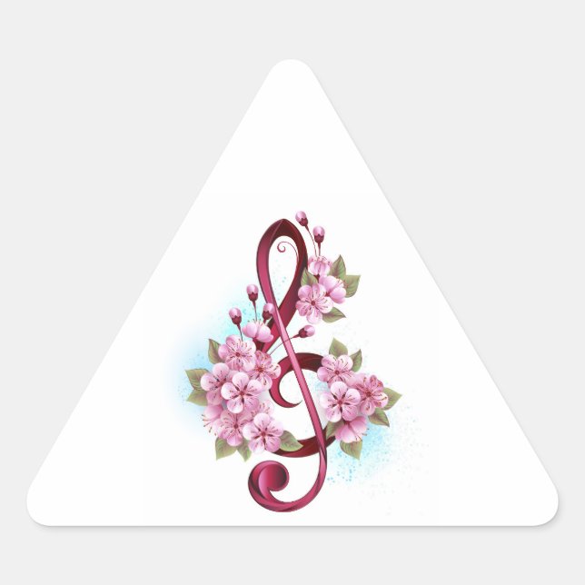 Musical treble clef notes with Sakura flowers Triangle Sticker (Front)
