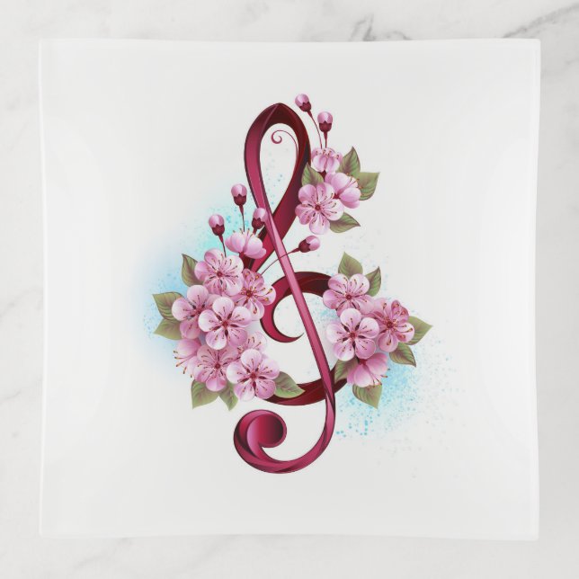 Musical treble clef notes with Sakura flowers Trinket Tray (Front)