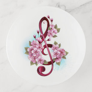 Musical treble clef notes with Sakura flowers Trinket Tray