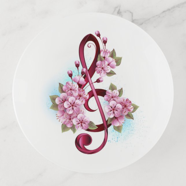 Musical treble clef notes with Sakura flowers Trinket Tray (Front)
