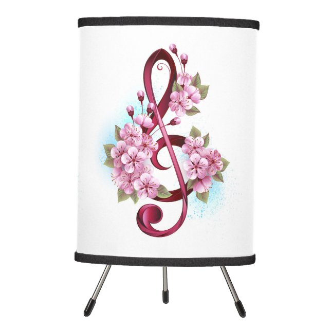 Musical treble clef notes with Sakura flowers Tripod Lamp (Front)