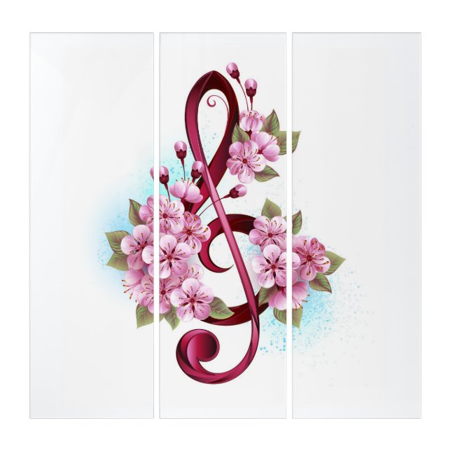 Musical treble clef notes with Sakura flowers Triptych (Front)