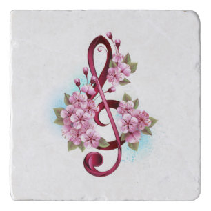 Musical treble clef notes with Sakura flowers Trivet
