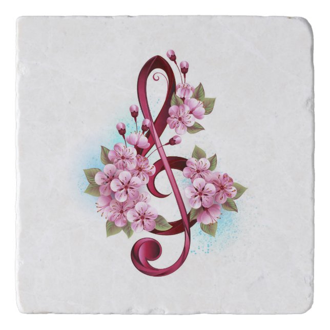 Musical treble clef notes with Sakura flowers Trivet (Front)