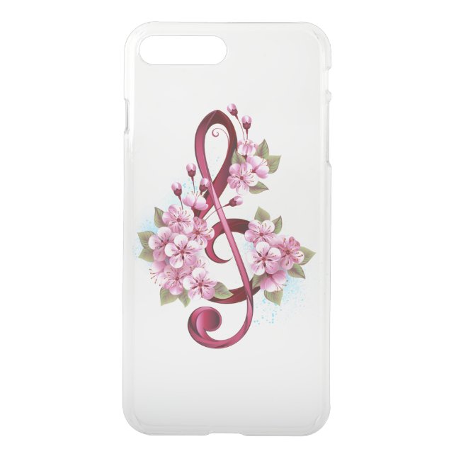 Musical treble clef notes with Sakura flowers Uncommon iPhone Case (Back)