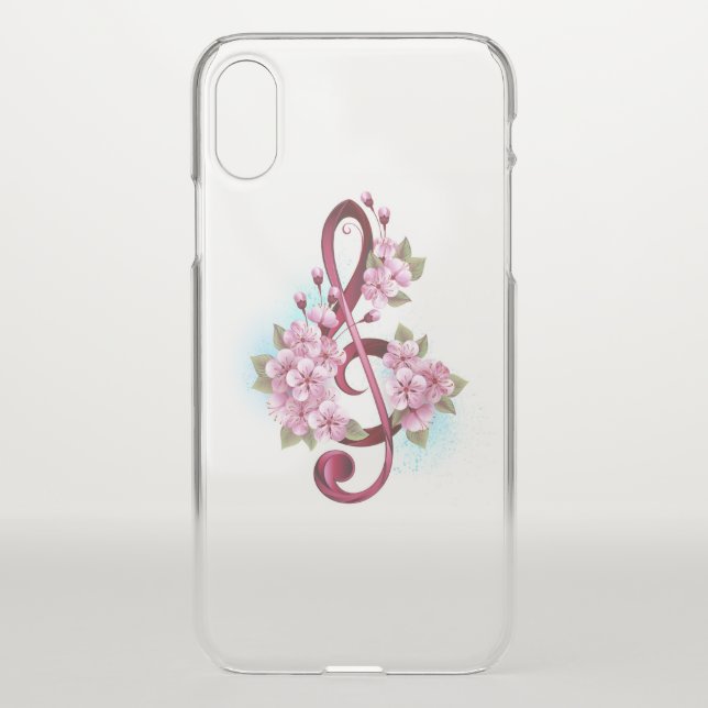Musical treble clef notes with Sakura flowers Uncommon iPhone Case (Back)