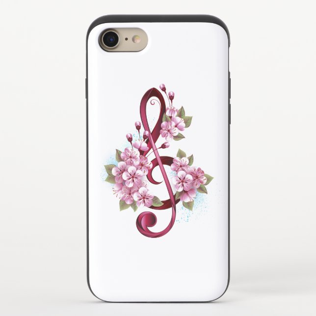 Musical treble clef notes with Sakura flowers Uncommon iPhone Case (Back)