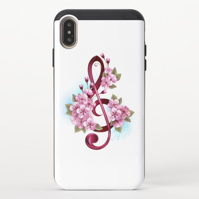 Musical treble clef notes with Sakura flowers Uncommon iPhone Case (Back)
