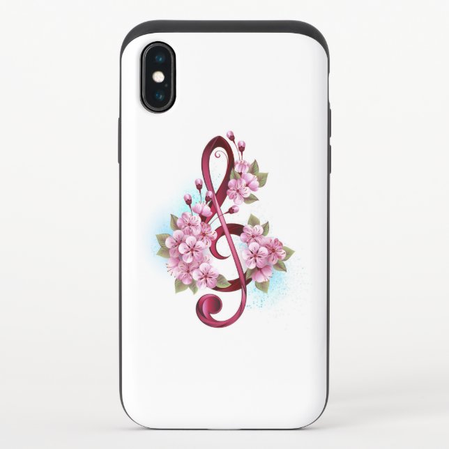 Musical treble clef notes with Sakura flowers Uncommon iPhone Case (Back)