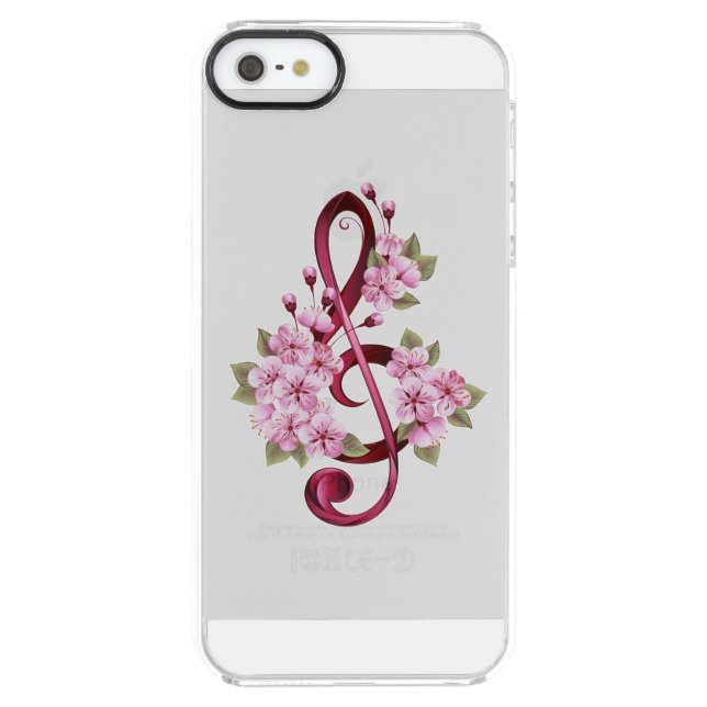 Musical treble clef notes with Sakura flowers Uncommon iPhone Case (Back)