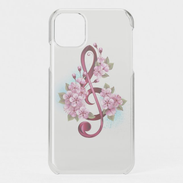 Musical treble clef notes with Sakura flowers Uncommon iPhone Case (Back)