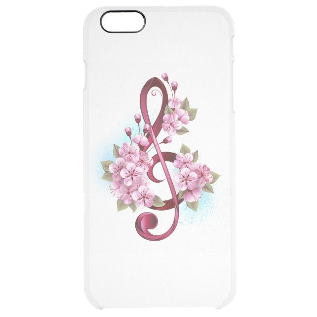 Musical treble clef notes with Sakura flowers Uncommon iPhone Case (Back)
