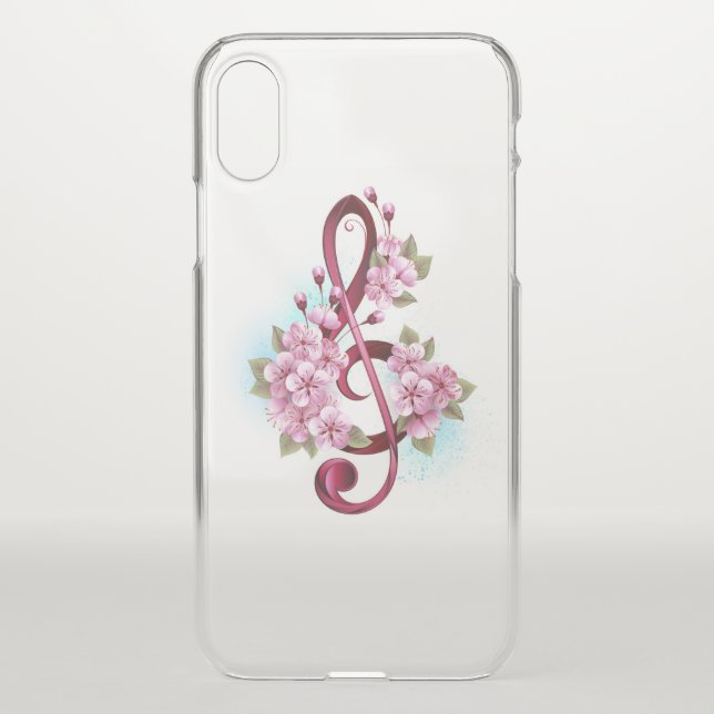 Musical treble clef notes with Sakura flowers Uncommon iPhone Case (Back)