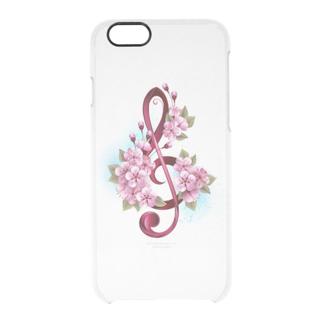 Musical treble clef notes with Sakura flowers Uncommon iPhone Case (Back)