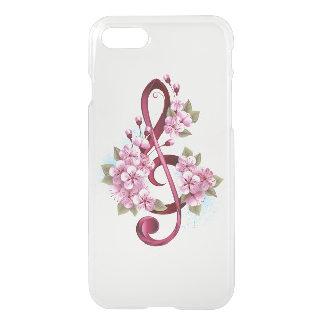Musical treble clef notes with Sakura flowers Uncommon iPhone Case (Back)