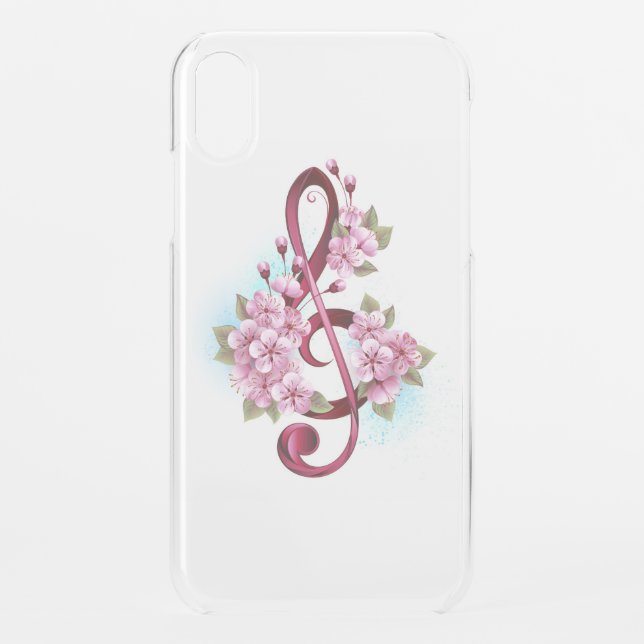 Musical treble clef notes with Sakura flowers Uncommon iPhone Case (Back)