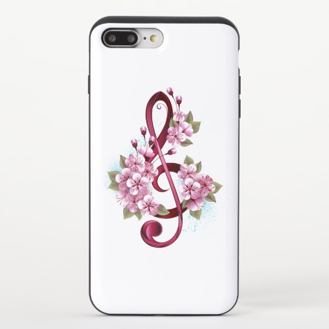 Musical treble clef notes with Sakura flowers Uncommon iPhone Case (Back)