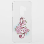 Musical treble clef notes with Sakura flowers Uncommon Samsung Galaxy S9 Plus Case<br><div class="desc">Pink treble clef with delicate,  detailed pink Japanese cherry blossoms against white background painted over with light blue paint. Blooming pink sakura.</div>