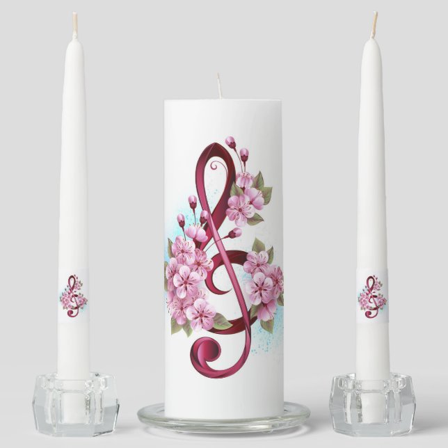 Musical treble clef notes with Sakura flowers Unity Candle Set (Front)