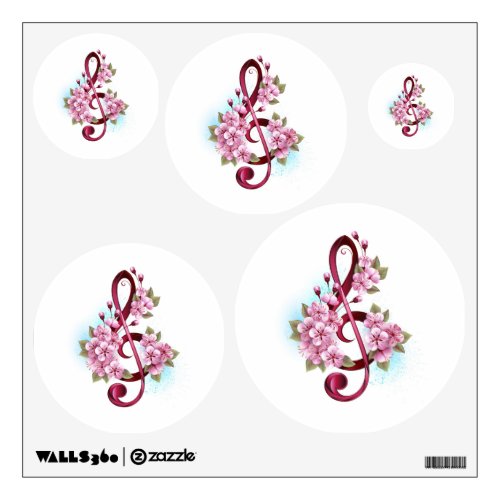 Musical treble clef notes with Sakura flowers Wall Decal