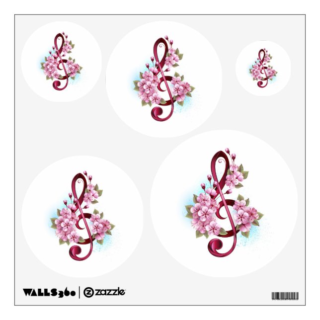 Musical treble clef notes with Sakura flowers Wall Decal (Front)