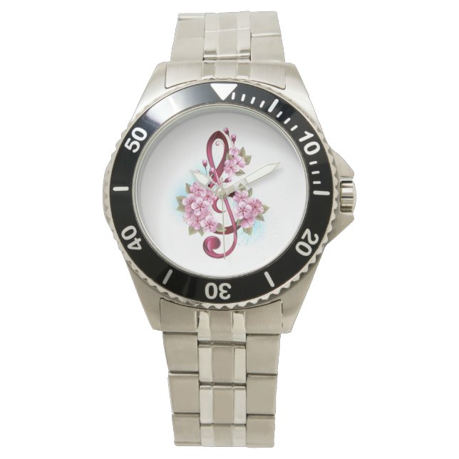 Musical treble clef notes with Sakura flowers Watch (Front)