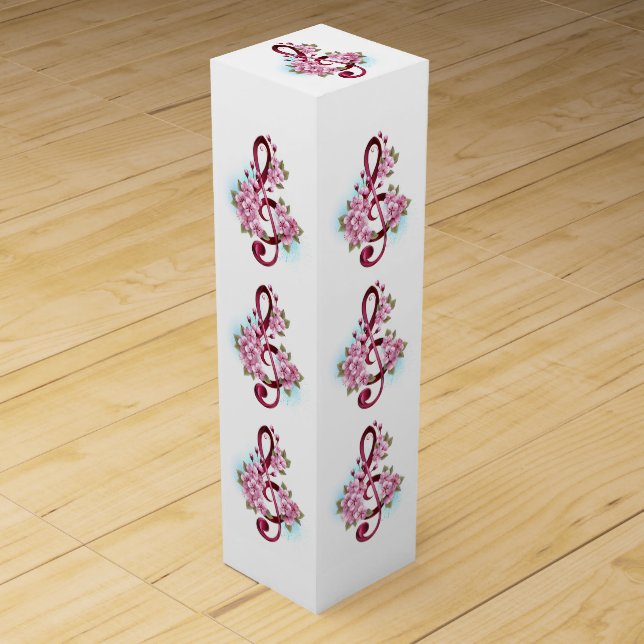 Musical treble clef notes with Sakura flowers Wine Box (Front)