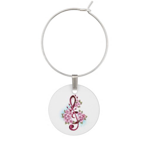 Musical treble clef notes with Sakura flowers Wine Charm
