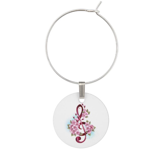 Musical treble clef notes with Sakura flowers Wine Charm (Front)