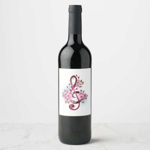 Musical treble clef notes with Sakura flowers Wine Label