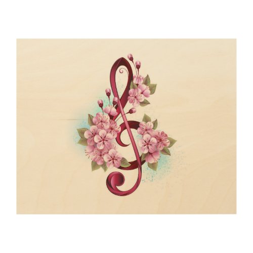 Musical treble clef notes with Sakura flowers Wood Wall Art