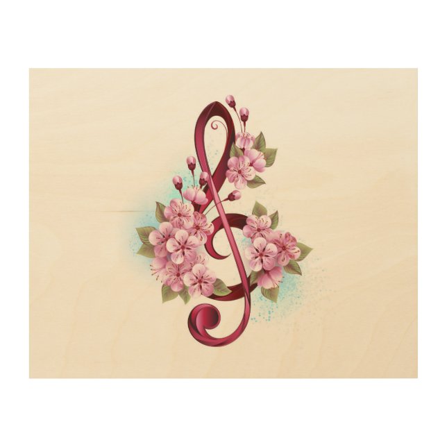 Musical treble clef notes with Sakura flowers Wood Wall Art (Front)